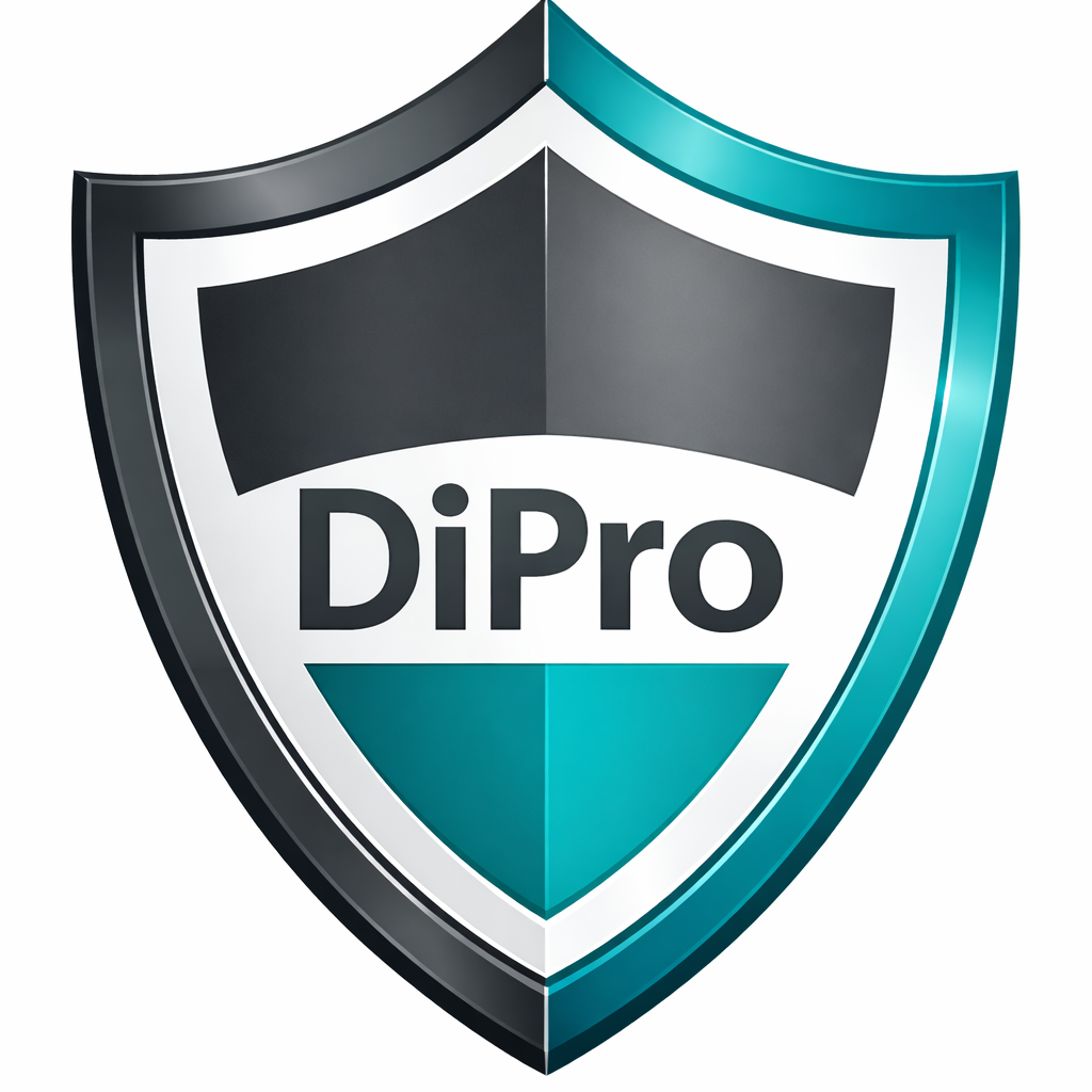 Shield-shaped DiPro logo in teal and gray with the word 'DiPro' on a banner